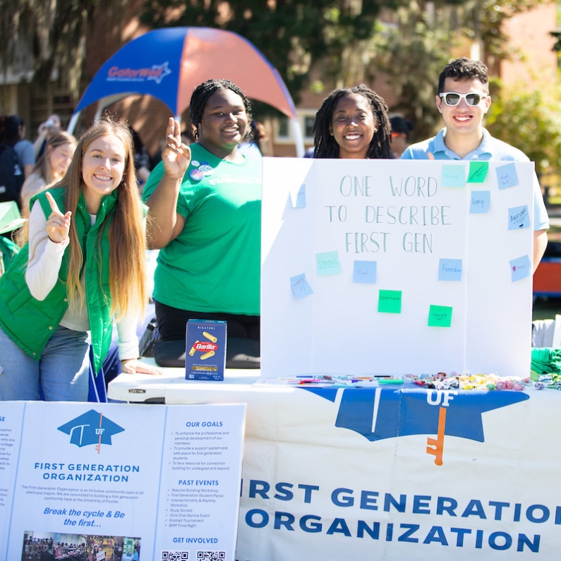 A group poses for a picture behind a poster full of words that describe first-gen students.